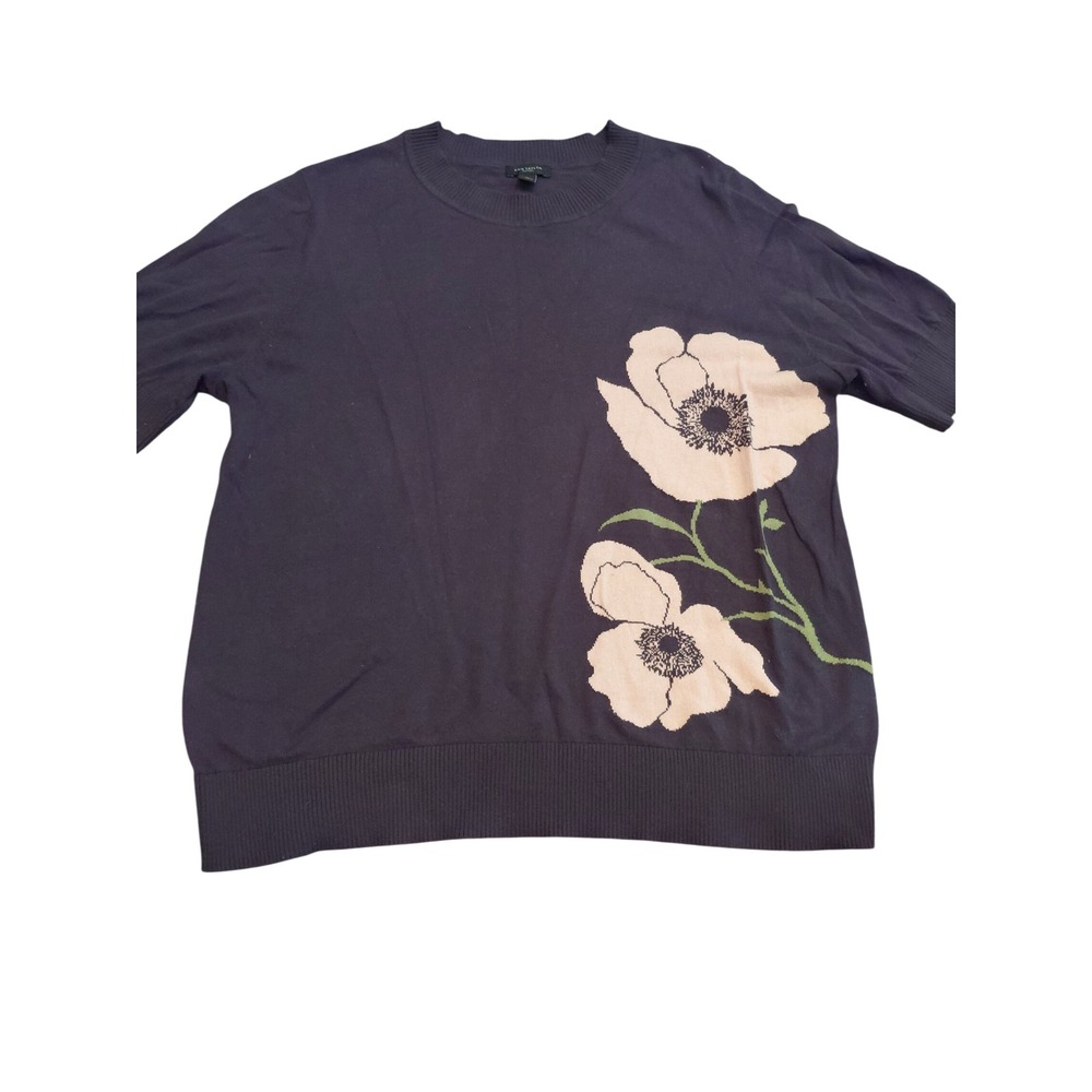 Ann Taylor Factory Navy Blue Floral Short Sleeve Sweater XL Crew Neck Knit Top